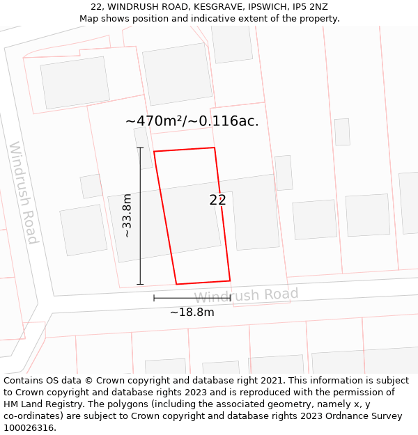 22, WINDRUSH ROAD, KESGRAVE, IPSWICH, IP5 2NZ: Plot and title map