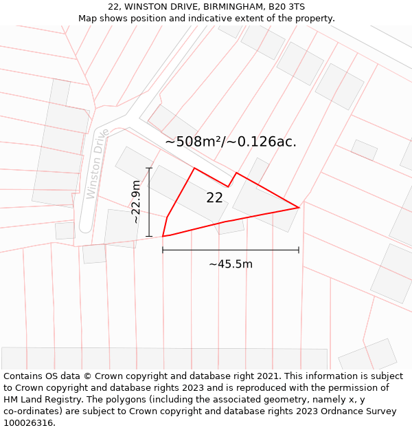 22, WINSTON DRIVE, BIRMINGHAM, B20 3TS: Plot and title map