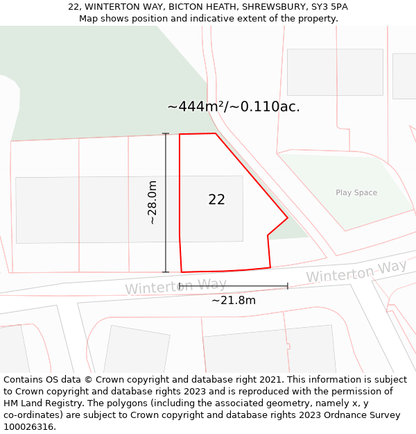 22, WINTERTON WAY, BICTON HEATH, SHREWSBURY, SY3 5PA: Plot and title map