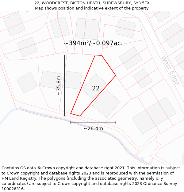 22, WOODCREST, BICTON HEATH, SHREWSBURY, SY3 5EX: Plot and title map