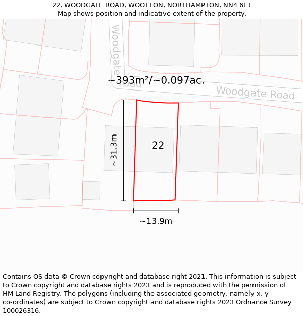 22, WOODGATE ROAD, WOOTTON, NORTHAMPTON, NN4 6ET: Plot and title map
