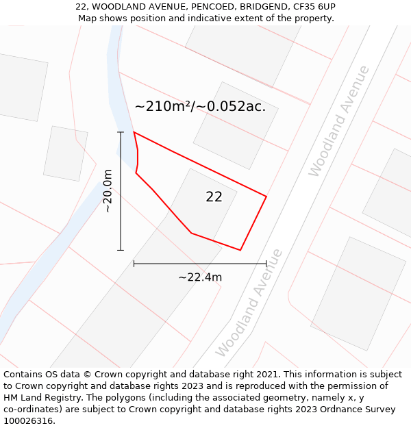 22, WOODLAND AVENUE, PENCOED, BRIDGEND, CF35 6UP: Plot and title map