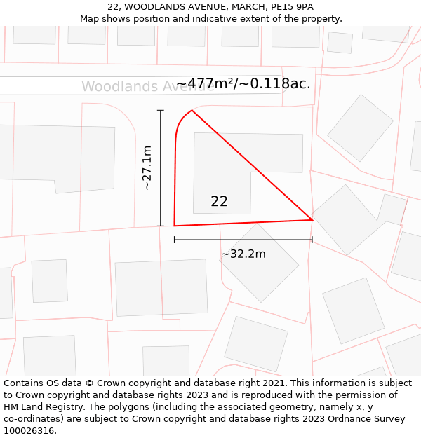 22, WOODLANDS AVENUE, MARCH, PE15 9PA: Plot and title map