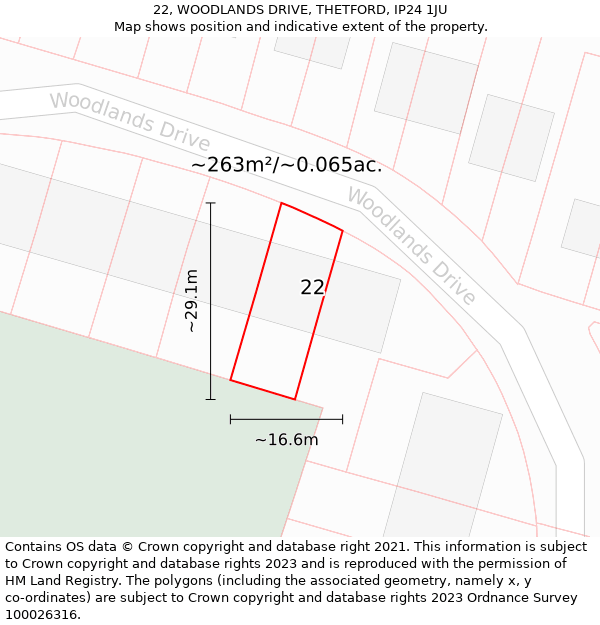 22, WOODLANDS DRIVE, THETFORD, IP24 1JU: Plot and title map