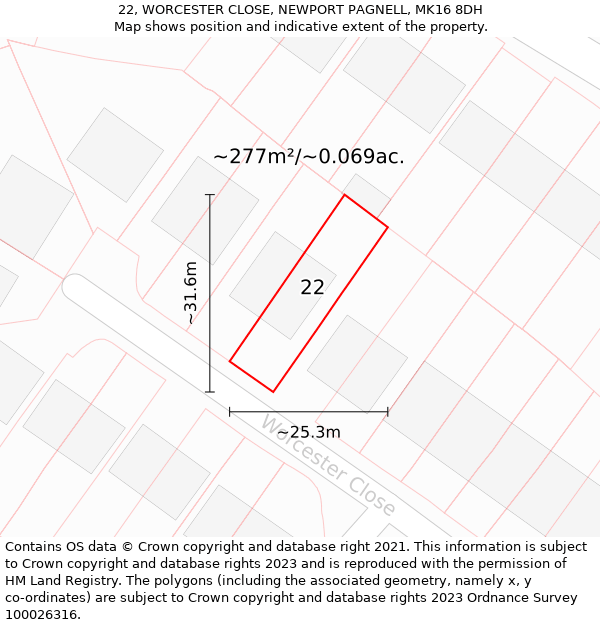 22, WORCESTER CLOSE, NEWPORT PAGNELL, MK16 8DH: Plot and title map