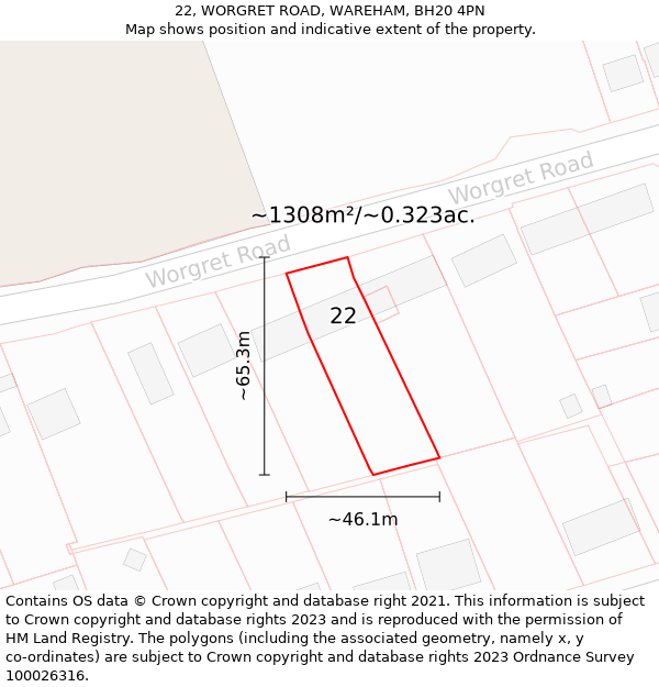 22, WORGRET ROAD, WAREHAM, BH20 4PN: Plot and title map