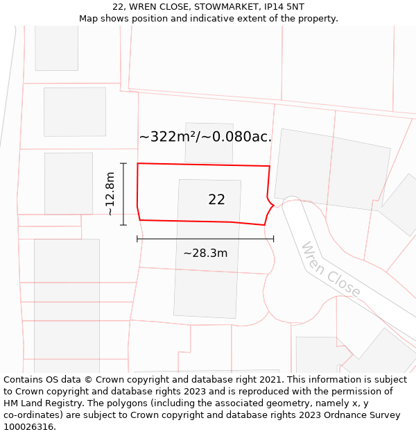 22, WREN CLOSE, STOWMARKET, IP14 5NT: Plot and title map