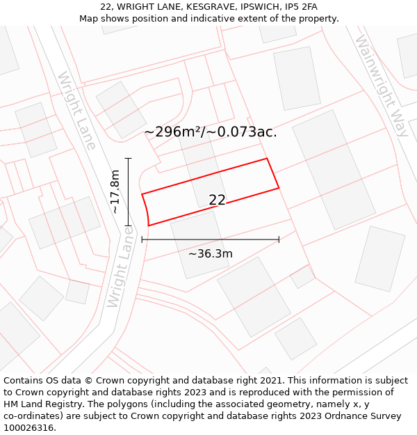 22, WRIGHT LANE, KESGRAVE, IPSWICH, IP5 2FA: Plot and title map