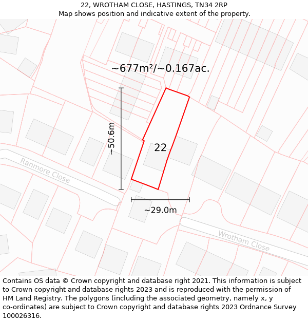 22, WROTHAM CLOSE, HASTINGS, TN34 2RP: Plot and title map