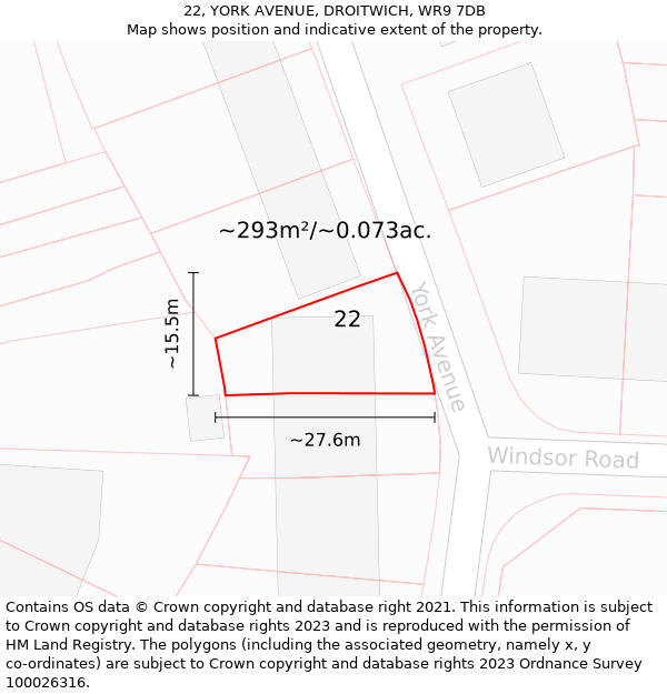 22, YORK AVENUE, DROITWICH, WR9 7DB: Plot and title map