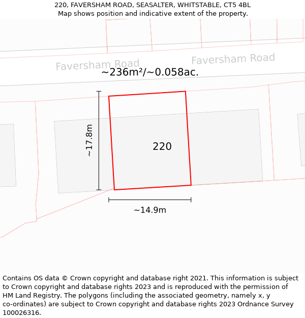 220, FAVERSHAM ROAD, SEASALTER, WHITSTABLE, CT5 4BL: Plot and title map