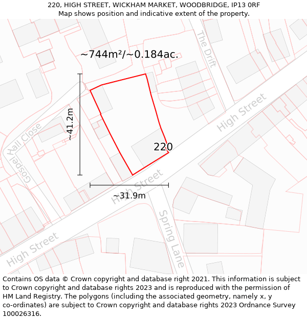 220, HIGH STREET, WICKHAM MARKET, WOODBRIDGE, IP13 0RF: Plot and title map
