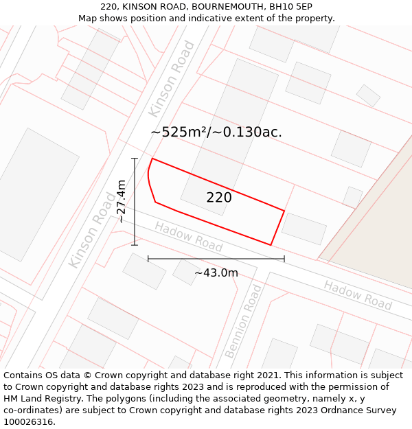 220, KINSON ROAD, BOURNEMOUTH, BH10 5EP: Plot and title map
