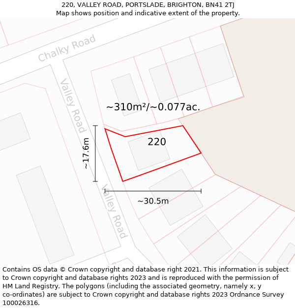 220, VALLEY ROAD, PORTSLADE, BRIGHTON, BN41 2TJ: Plot and title map