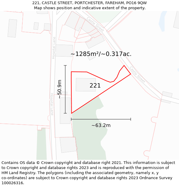 221, CASTLE STREET, PORTCHESTER, FAREHAM, PO16 9QW: Plot and title map