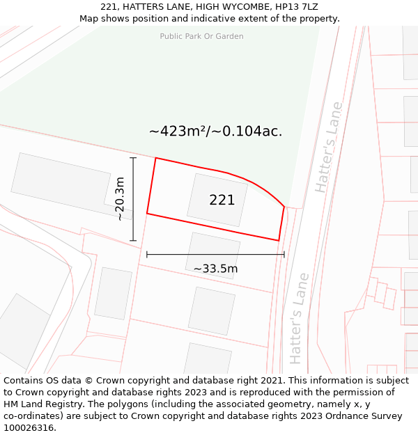 221, HATTERS LANE, HIGH WYCOMBE, HP13 7LZ: Plot and title map