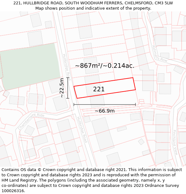 221, HULLBRIDGE ROAD, SOUTH WOODHAM FERRERS, CHELMSFORD, CM3 5LW: Plot and title map