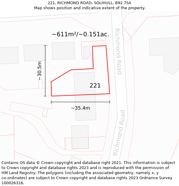 221, RICHMOND ROAD, SOLIHULL, B92 7SA: Plot and title map