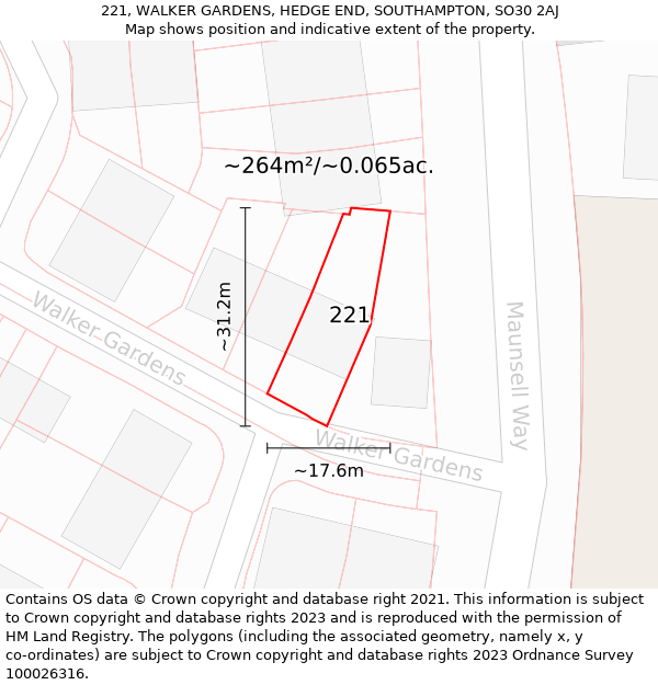 221, WALKER GARDENS, HEDGE END, SOUTHAMPTON, SO30 2AJ: Plot and title map