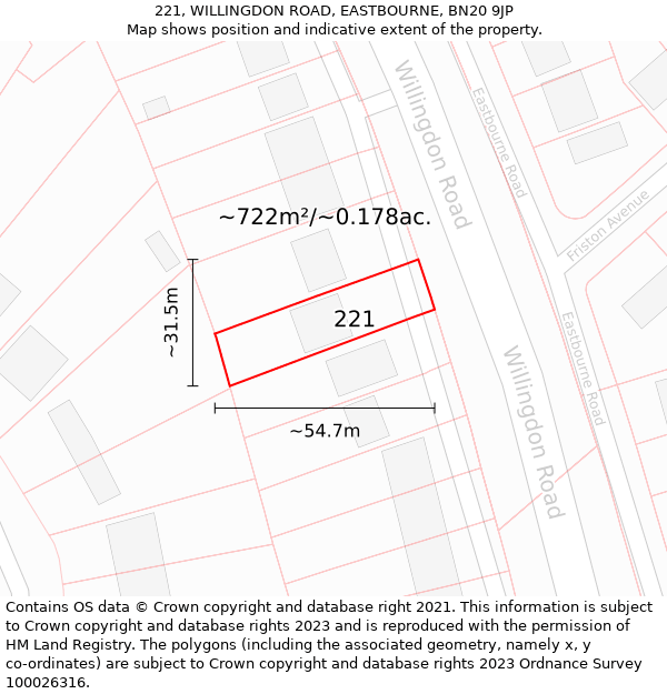 221, WILLINGDON ROAD, EASTBOURNE, BN20 9JP: Plot and title map