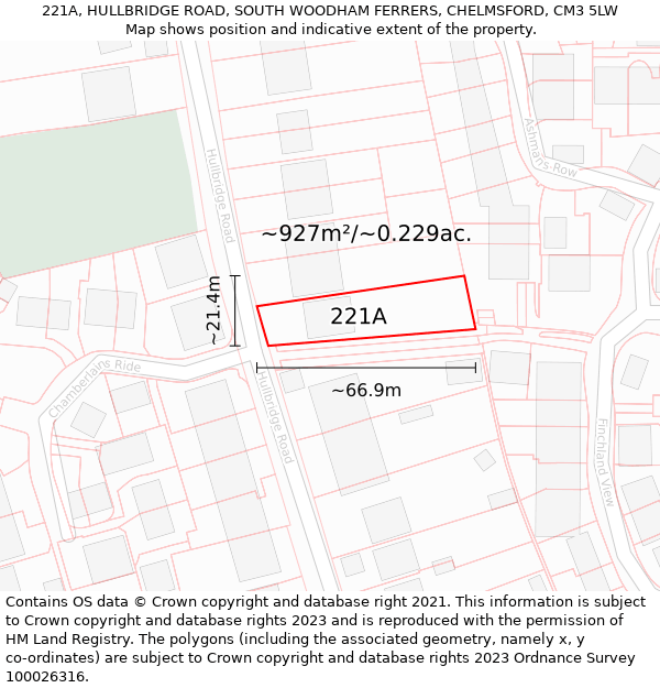 221A, HULLBRIDGE ROAD, SOUTH WOODHAM FERRERS, CHELMSFORD, CM3 5LW: Plot and title map