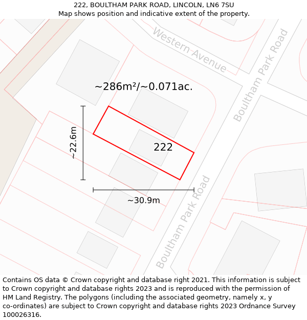 222, BOULTHAM PARK ROAD, LINCOLN, LN6 7SU: Plot and title map