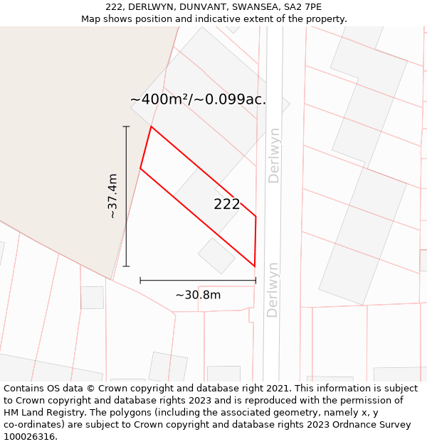 222, DERLWYN, DUNVANT, SWANSEA, SA2 7PE: Plot and title map