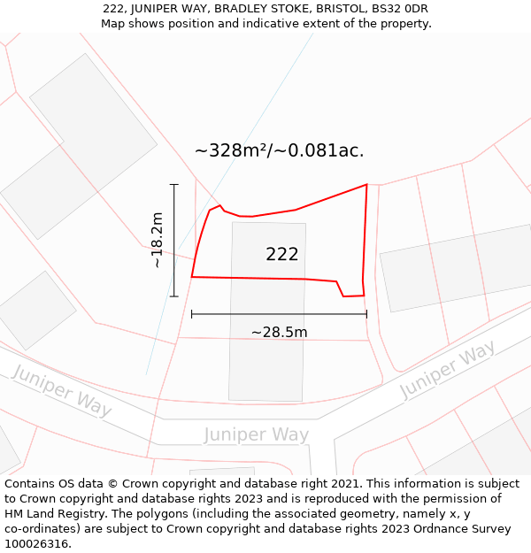 222, JUNIPER WAY, BRADLEY STOKE, BRISTOL, BS32 0DR: Plot and title map