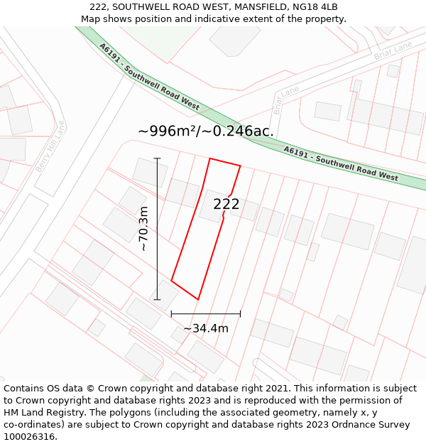 222, SOUTHWELL ROAD WEST, MANSFIELD, NG18 4LB: Plot and title map