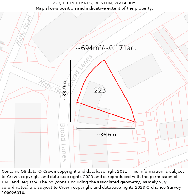 223, BROAD LANES, BILSTON, WV14 0RY: Plot and title map