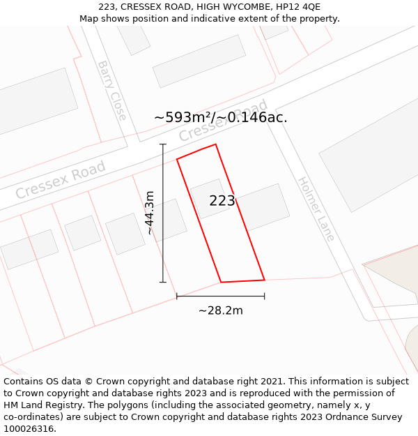 223, CRESSEX ROAD, HIGH WYCOMBE, HP12 4QE: Plot and title map