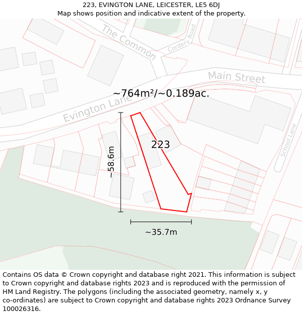 223, EVINGTON LANE, LEICESTER, LE5 6DJ: Plot and title map