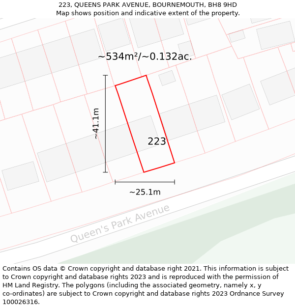 223, QUEENS PARK AVENUE, BOURNEMOUTH, BH8 9HD: Plot and title map