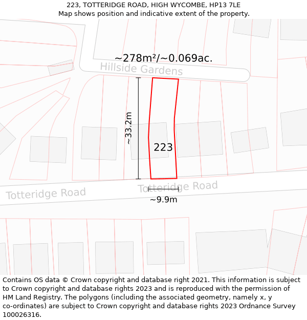 223, TOTTERIDGE ROAD, HIGH WYCOMBE, HP13 7LE: Plot and title map