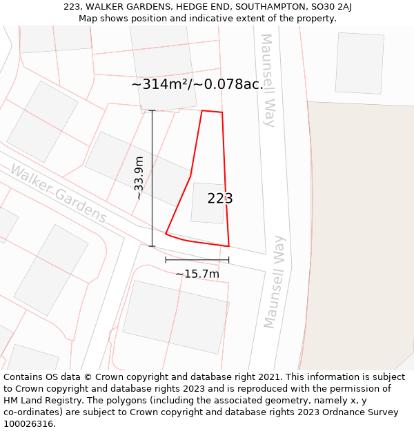 223, WALKER GARDENS, HEDGE END, SOUTHAMPTON, SO30 2AJ: Plot and title map