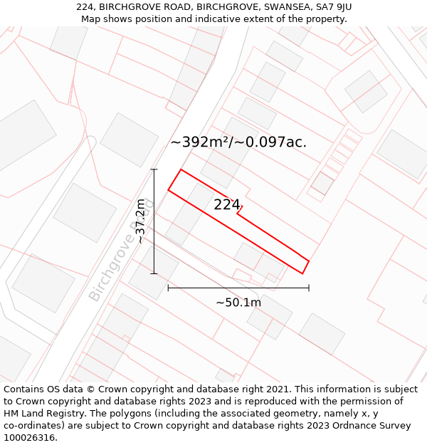 224, BIRCHGROVE ROAD, BIRCHGROVE, SWANSEA, SA7 9JU: Plot and title map