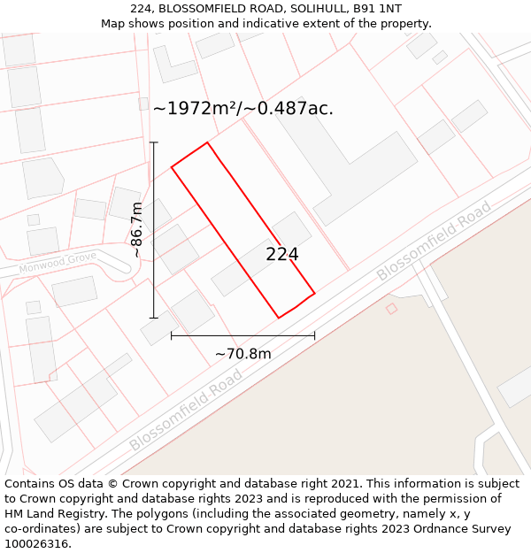 224, BLOSSOMFIELD ROAD, SOLIHULL, B91 1NT: Plot and title map