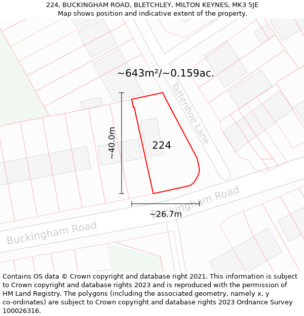 224, BUCKINGHAM ROAD, BLETCHLEY, MILTON KEYNES, MK3 5JE: Plot and title map