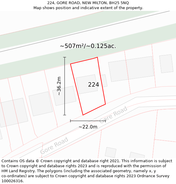224, GORE ROAD, NEW MILTON, BH25 5NQ: Plot and title map