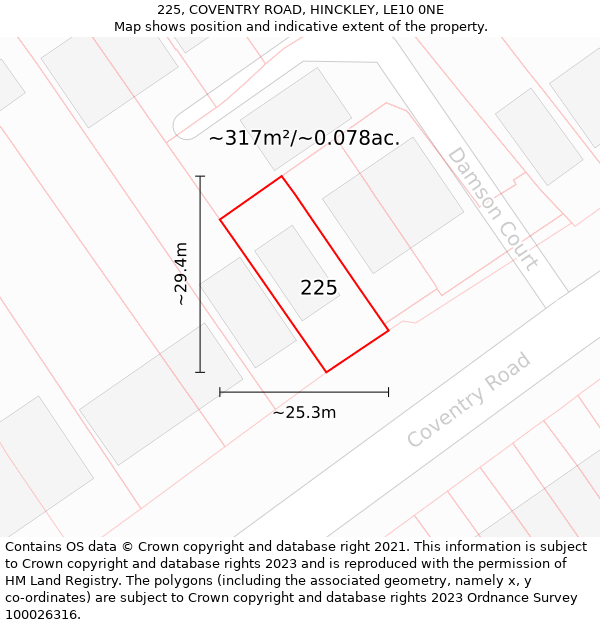 225, COVENTRY ROAD, HINCKLEY, LE10 0NE: Plot and title map