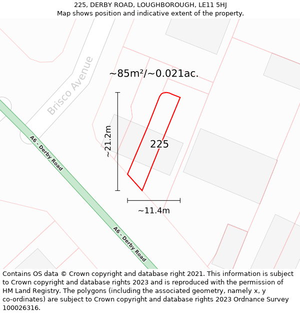 225, DERBY ROAD, LOUGHBOROUGH, LE11 5HJ: Plot and title map