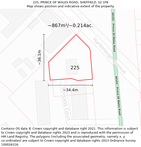 225, PRINCE OF WALES ROAD, SHEFFIELD, S2 1FB: Plot and title map