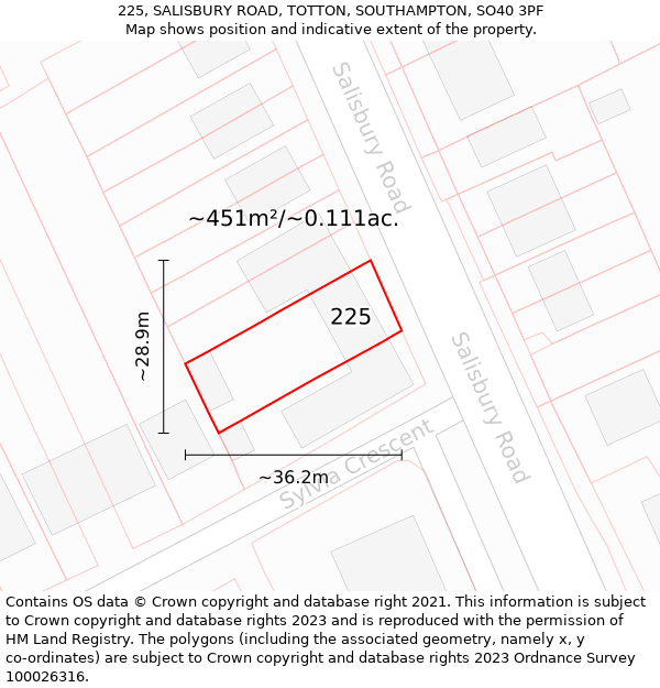 225, SALISBURY ROAD, TOTTON, SOUTHAMPTON, SO40 3PF: Plot and title map