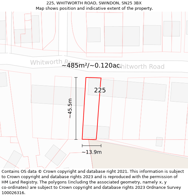 225, WHITWORTH ROAD, SWINDON, SN25 3BX: Plot and title map
