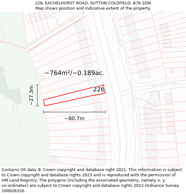 226, EACHELHURST ROAD, SUTTON COLDFIELD, B76 1EW: Plot and title map