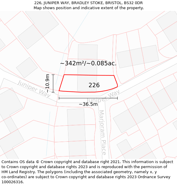 226, JUNIPER WAY, BRADLEY STOKE, BRISTOL, BS32 0DR: Plot and title map