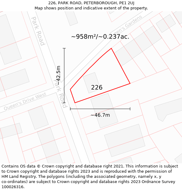 226, PARK ROAD, PETERBOROUGH, PE1 2UJ: Plot and title map