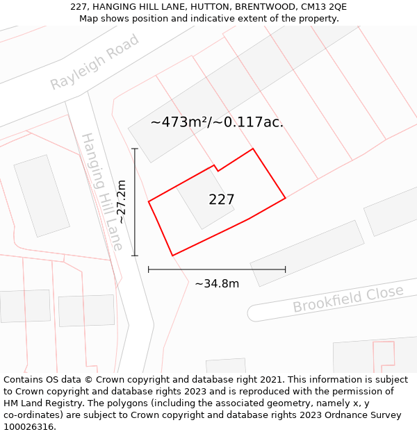 227, HANGING HILL LANE, HUTTON, BRENTWOOD, CM13 2QE: Plot and title map