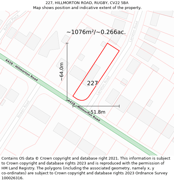 227, HILLMORTON ROAD, RUGBY, CV22 5BA: Plot and title map