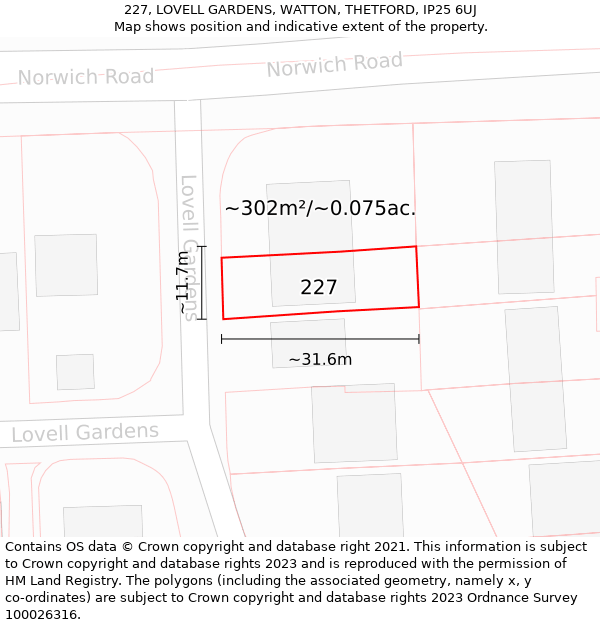 227, LOVELL GARDENS, WATTON, THETFORD, IP25 6UJ: Plot and title map